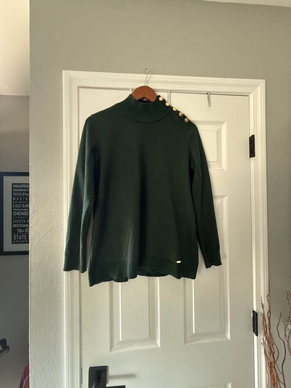 Calvin Klein Turtleneck Sweater Size M Dark Green Gold Buttons
